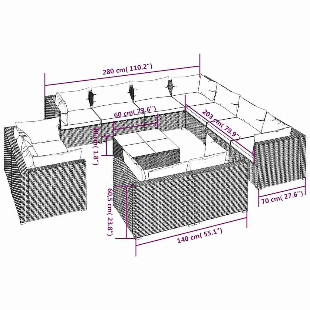 12 Piece Garden Lounge Set Outdoor Patio Furniture Water-resistant PE Rattan Black