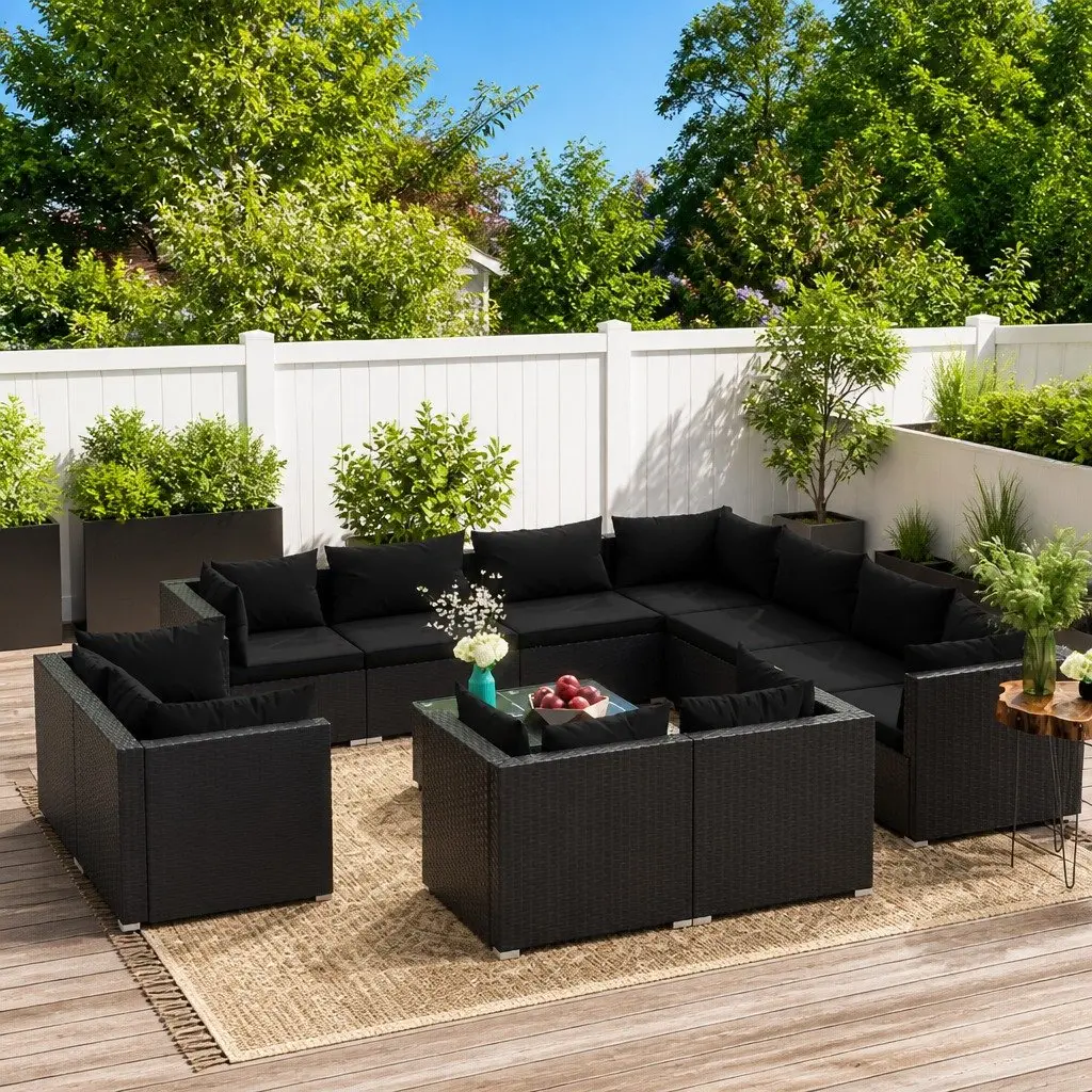 12 Piece Garden Lounge Set Modular Outdoor Patio Furniture Black PE Rattan with Cushions