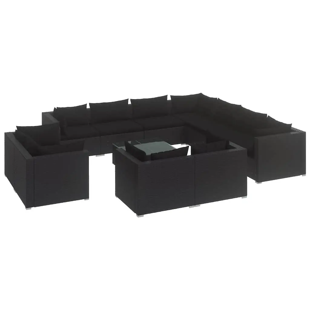 12 Piece Garden Lounge Set Modular Outdoor Patio Furniture Black PE Rattan with Cushions