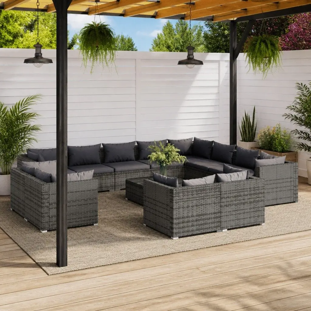 13 Piece Garden Lounge Set Grey Poly Rattan Outdoor Furniture with Cushions