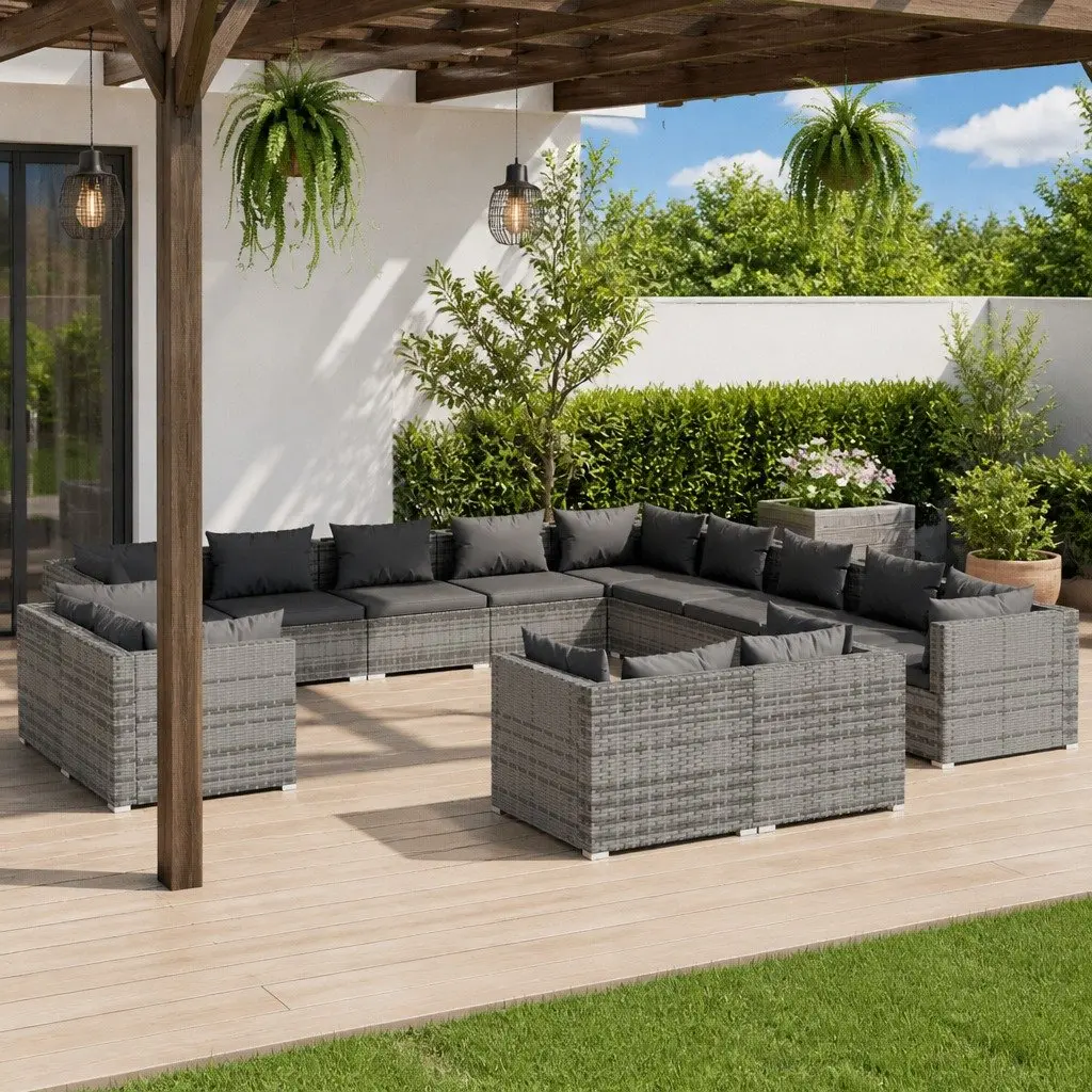 13 Piece Garden Lounge Set Grey Poly Rattan Outdoor Furniture with Cushions