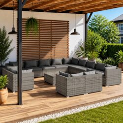 14 Piece Garden Lounge Set Grey Poly Rattan Outdoor Furniture with Cushions