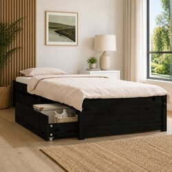Wooden Bed Frame with Storage Drawers Black Single Size 90x190 cm Bedroom