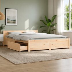 Wooden Bed Frame with Storage Drawers Brown 135x190cm Bedroom Furniture