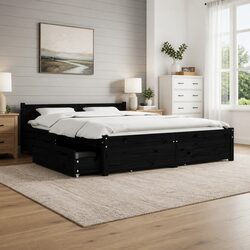 Wooden Bed Frame with Storage Drawers Queen Size 150x200 cm Black