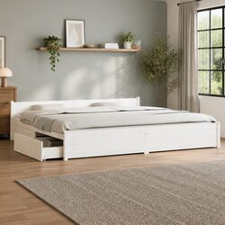 King Bed Frame with Storage Drawers Wooden Slats White 183x203 cm Modern