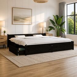 King Bed Frame with Storage Drawers Wooden Slats Black 183x203 cm Bedroom