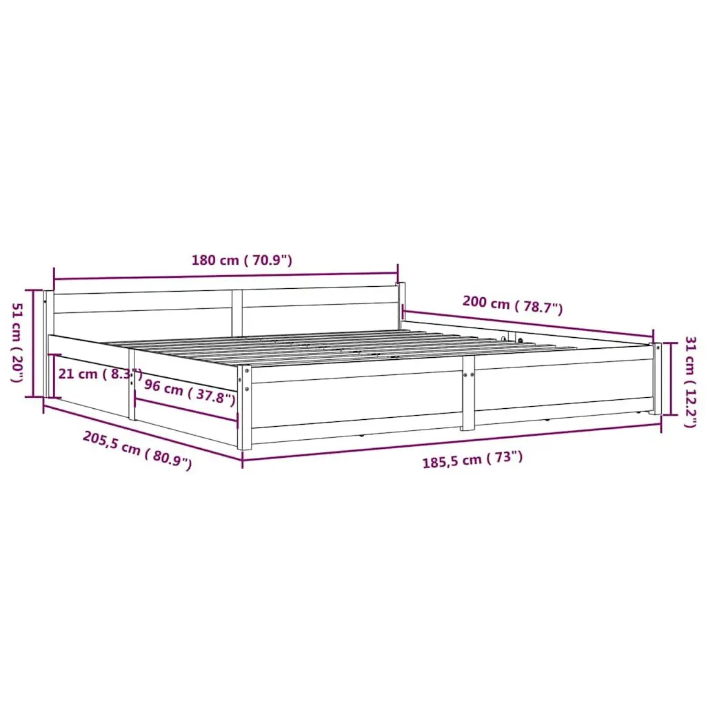 King Bed Frame with Storage Drawers Solid Pine Wood Black 183x203 cm