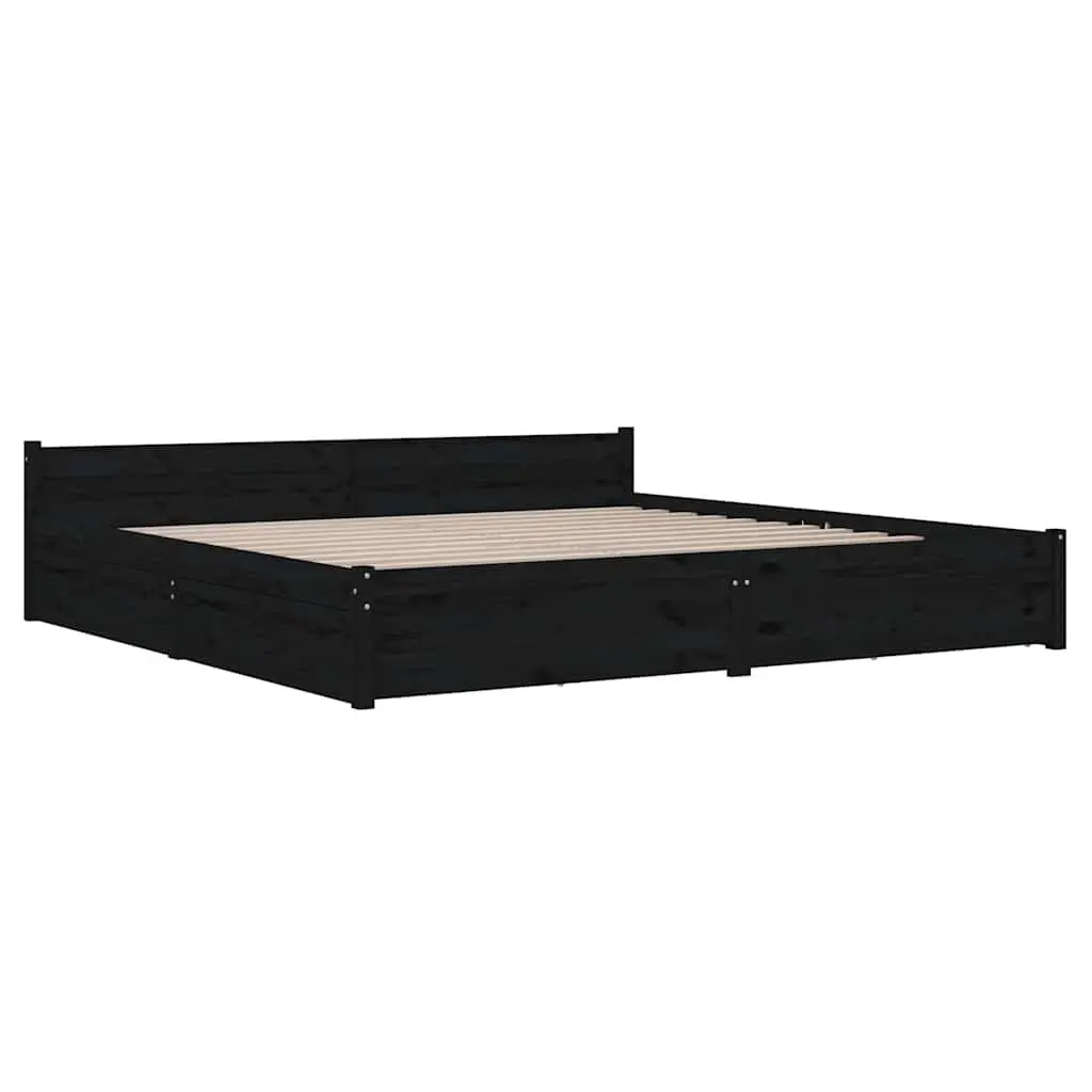 King Bed Frame with Storage Drawers Solid Pine Wood Black 183x203 cm