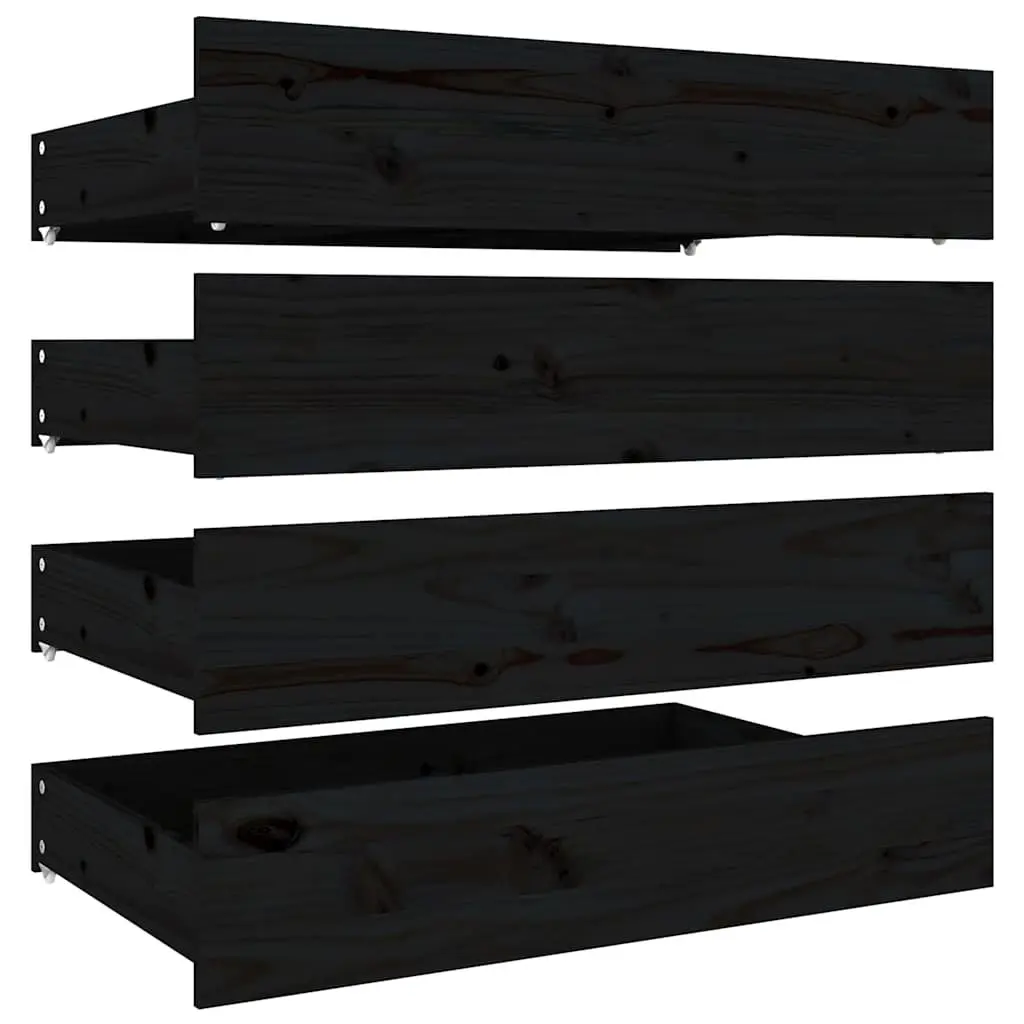 King Bed Frame with Storage Drawers Solid Pine Wood Black 183x203 cm