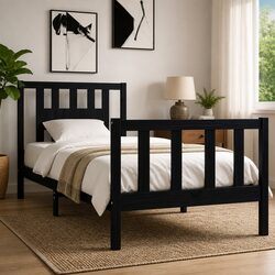 Solid Wood Bed Frame Black 90x190 cm Single Bedroom Furniture Wooden Slat Base