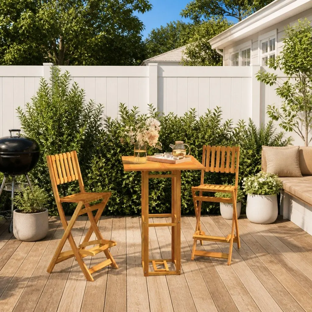Outdoor Bar Set Solid Acacia Wood 3 Piece Foldable Brown Patio Garden Furniture