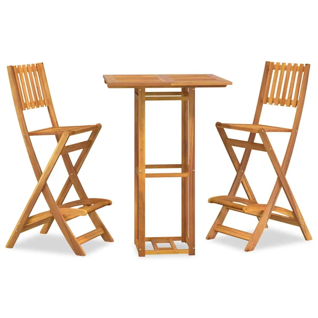 Outdoor Bar Set Solid Acacia Wood 3 Piece Foldable Brown Patio Garden Furniture