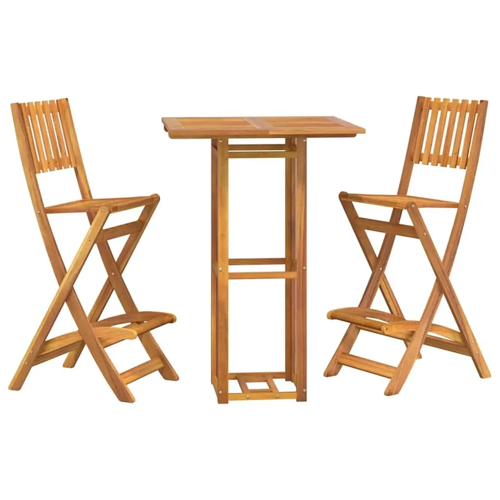Outdoor Bar Set Solid Acacia Wood 3 Piece Foldable Brown Patio Garden Furniture
