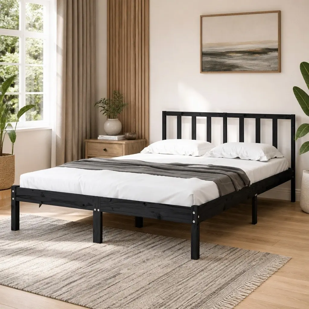 Bed Frame Solid Pine Wood 135x190 cm Black with Headboard Support