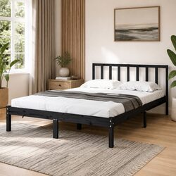 Bed Frame 135x190 cm Black Solid Pine Wood Bedroom Furniture Headboard Support