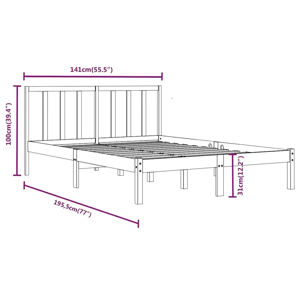 Bed Frame Solid Pine Wood 135x190 cm Black with Headboard Support