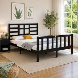 Bed Frame 135x190 cm Black Solid Wood Bedroom Furniture with Headboard Footboard