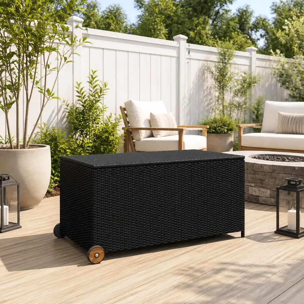 Garden Storage Box Weather-Resistant Poly Rattan 120 x 65 x 61 cm Black Outdoor Patio Cushion Organizer