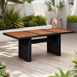 Outdoor Dining Table Black Garden Patio Furniture PE Rattan Steel Frame Acacia