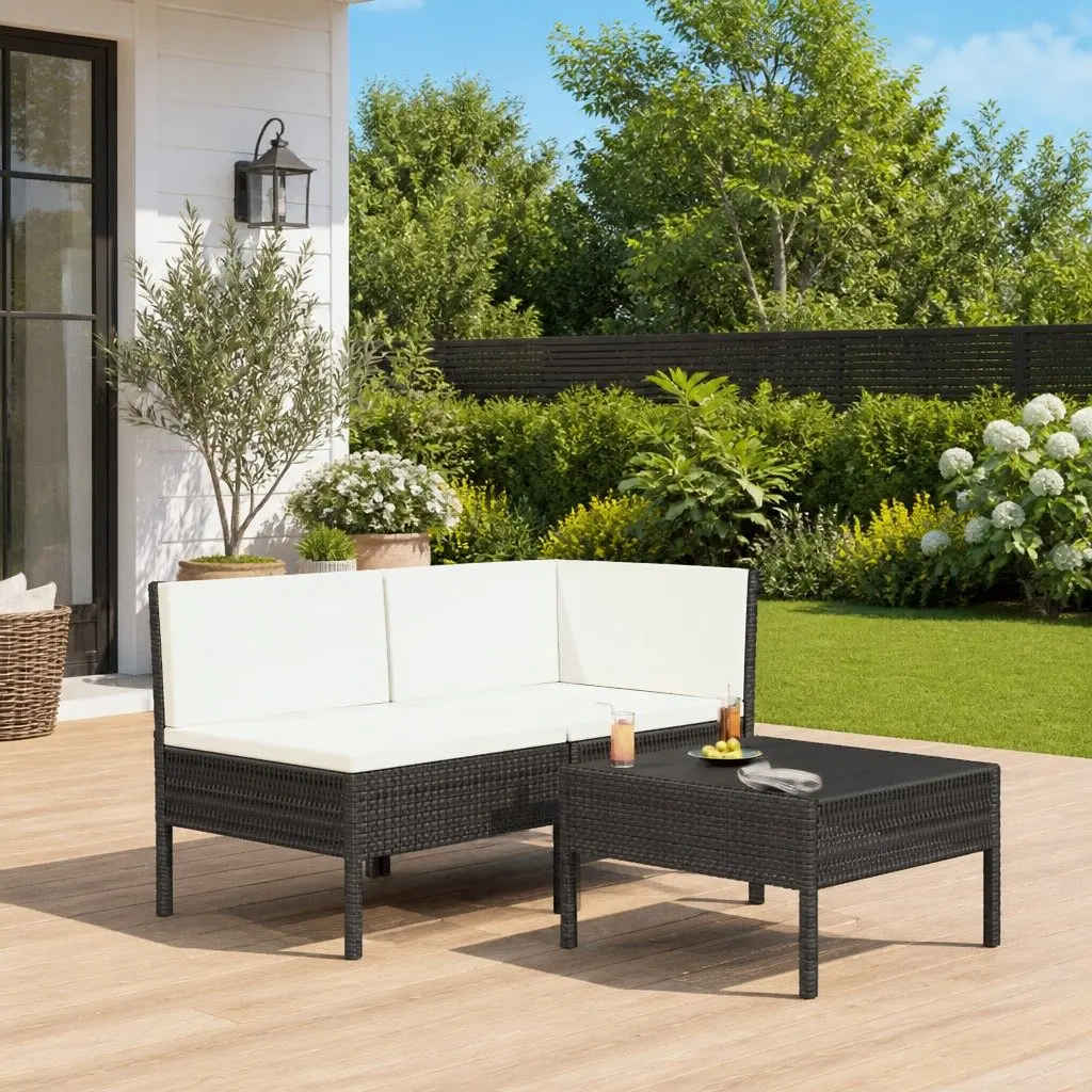 Outdoor Lounge Set 3 Piece Rattan Sofa Chair Table with Cushions Black