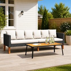 3-Seater Outdoor Garden Sofa with Cushions Black Poly Rattan Lounge Seating
