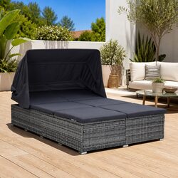 2-Person Sunbed Lounger Outdoor Patio Pool Chaise with Adjustable Canopy Cushion