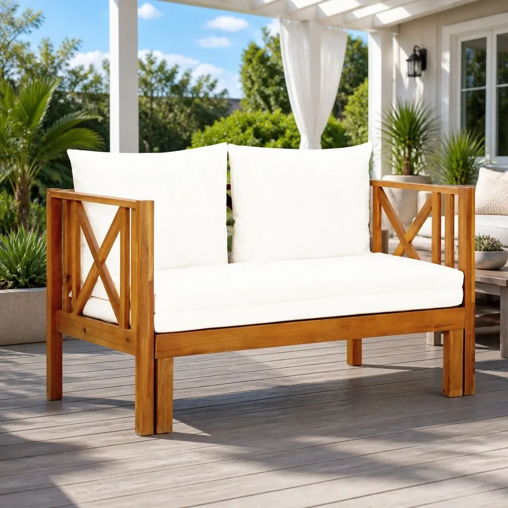 2-Seater Garden Bench Daybed Solid Acacia Wood Cream Indoor Outdoor Seating