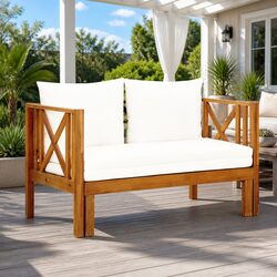 2-Seater Garden Bench Daybed Solid Acacia Wood Outdoor Indoor Seating Cream