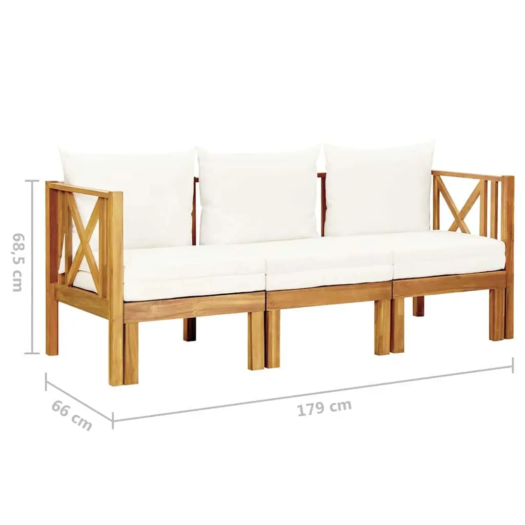 3-Seater Garden Bench Solid Acacia Wood Cream Cushions 179cm Indoor Outdoor Daybed
