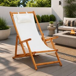 Folding Beach Chair Cream Fabric Reclining Outdoor Garden Patio Lounge Seat