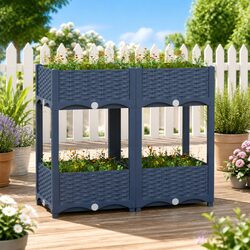 Raised Garden Bed Planter with 2 Shelves Grey Outdoor Patio Balcony Gardening