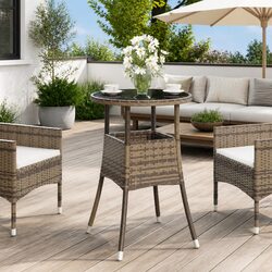 Garden Table Outdoor Patio Furniture Tempered Glass Top Poly Rattan Grey 60cm
