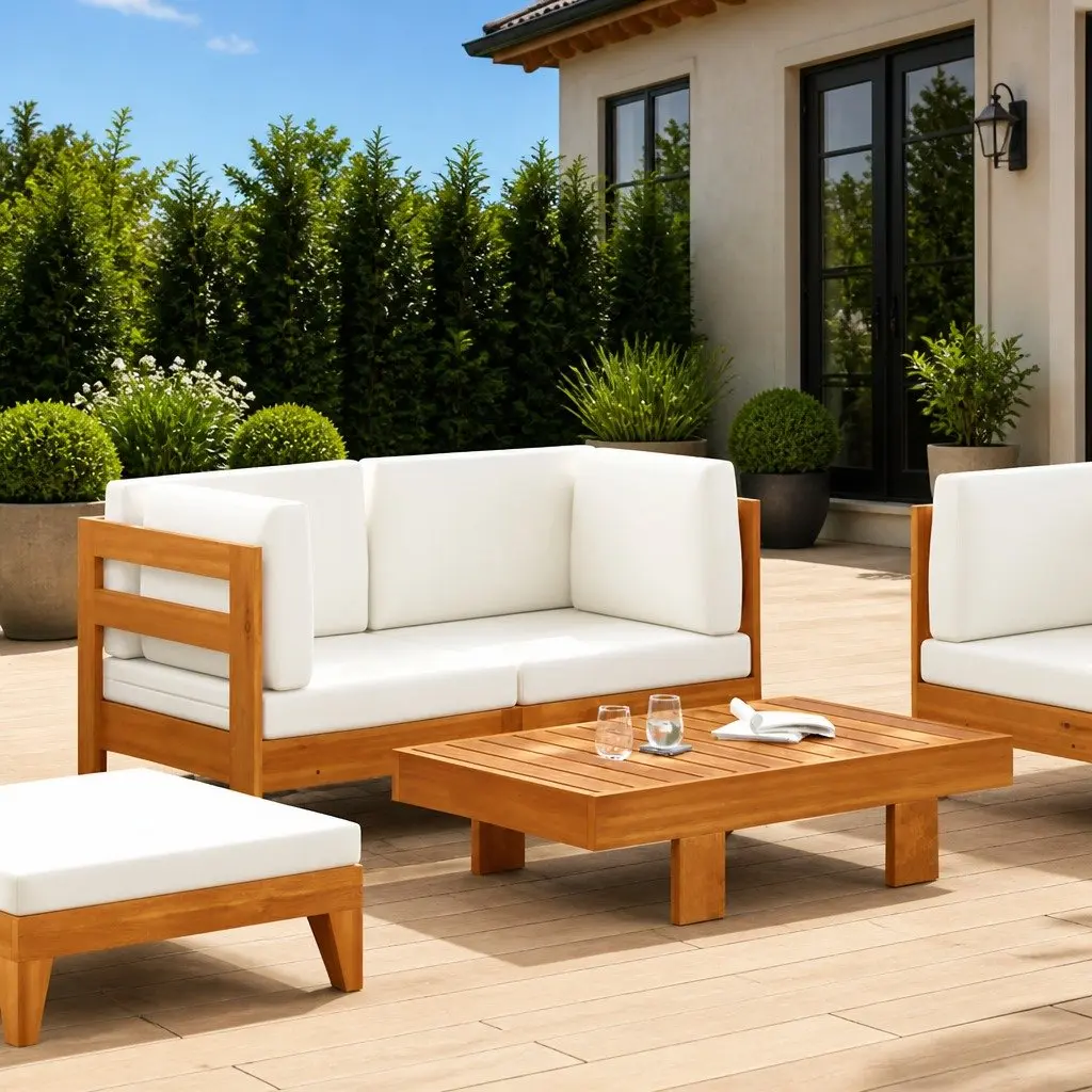 2 Piece Outdoor Garden Lounge Set Sofa Table Solid Acacia Wood Cream Cushions