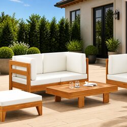 2 Piece Outdoor Garden Lounge Set Sofa Table with Cream Cushions Acacia Wood