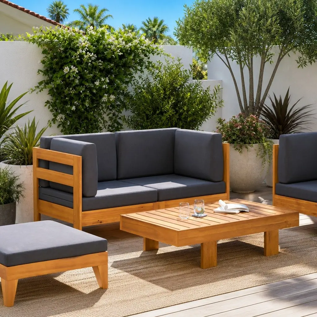 Outdoor Lounge Set 2 Piece Garden Sofa Table Solid Acacia Wood Grey Cushions