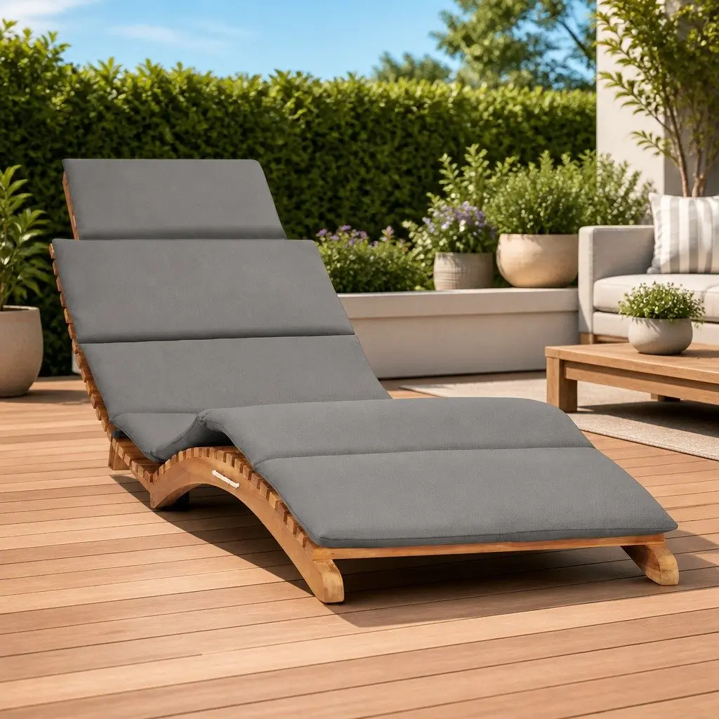 Folding Sun Lounger Ergonomically Curved Teak Wood Grey Outdoor Garden Seating Bed Recliner with Cushion
