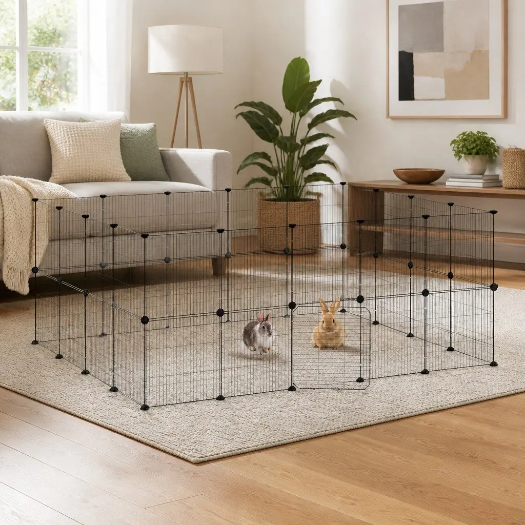 36-Panel Pet Cage with Door 175x140x70 cm Black Steel DIY Animal Enclosure