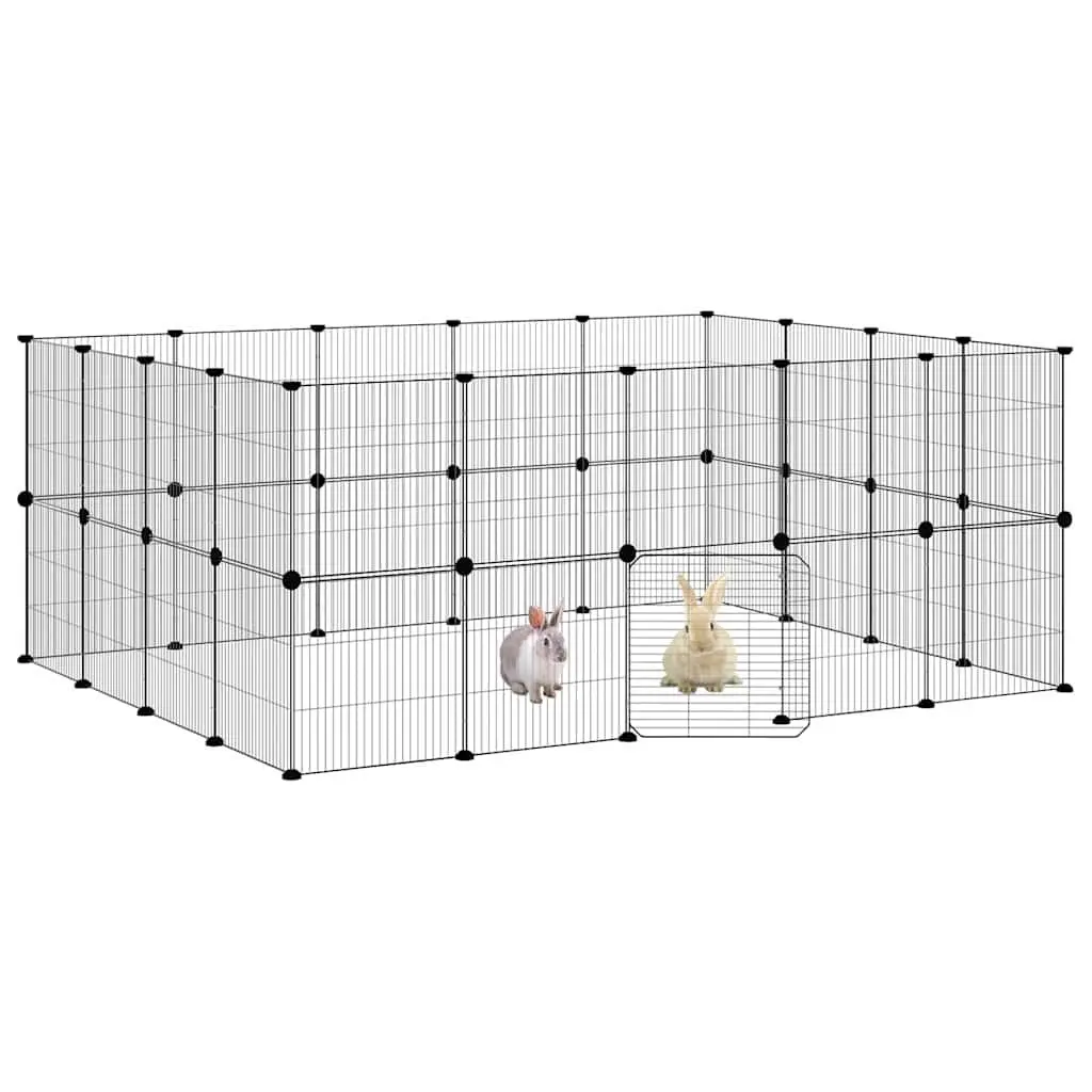 36-Panel Pet Cage with Door 175x140x70 cm Black Steel DIY Animal Enclosure