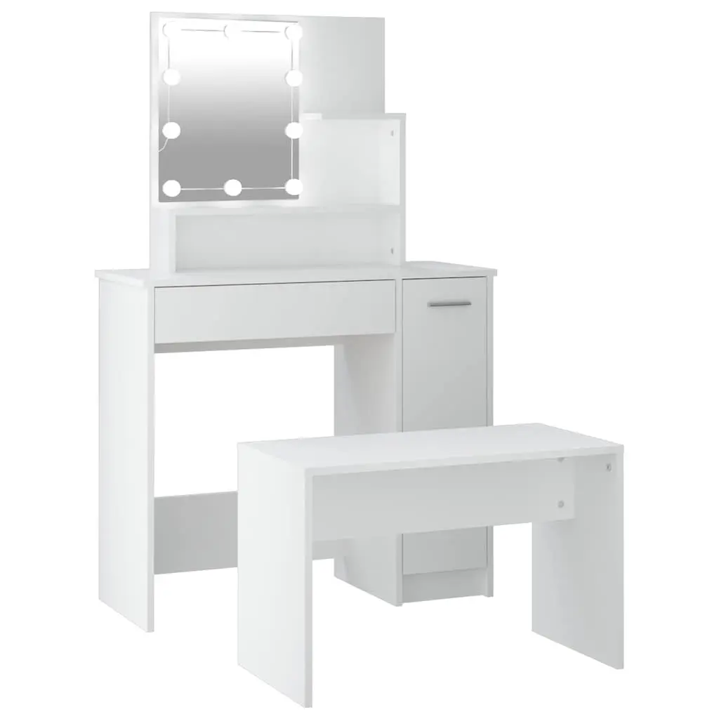 Dressing Table Set LED Mirror White Engineered Wood Bedroom Vanity Stool Storage