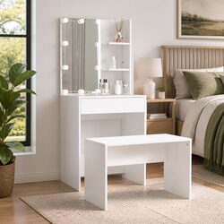 Dressing Table Set with LED Mirror White Bedroom Vanity Storage Stool Makeup