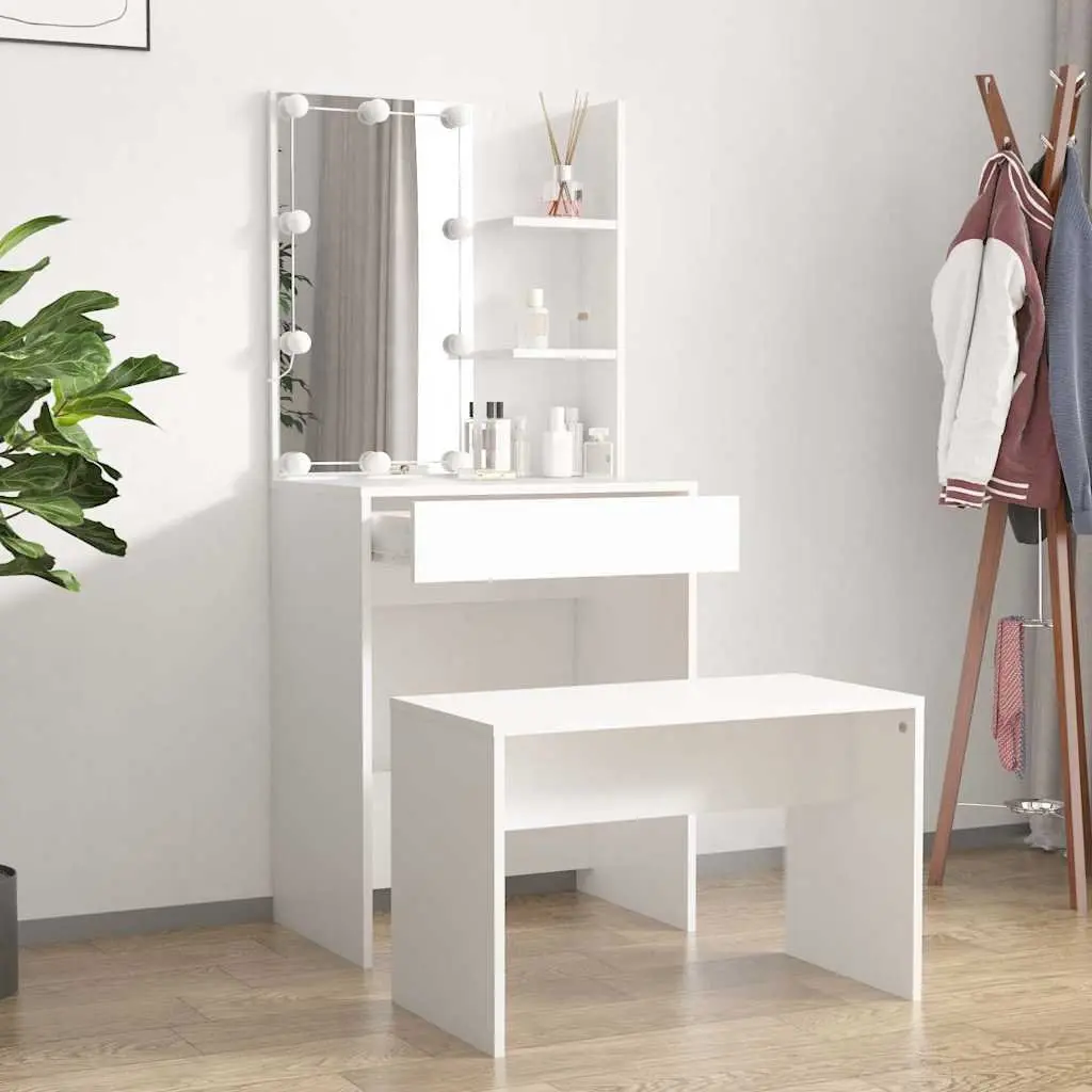 Dressing Table Set LED Mirror White Engineered Wood Vanity Storage Stool