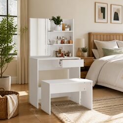 Dressing Table Set White 74.5x40x141cm Bedroom Vanity Mirror Stool Storage