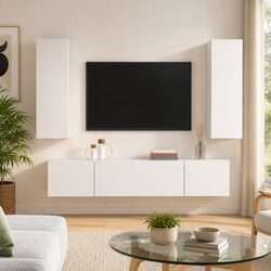 White TV Cabinet Set 4 Piece Wall-Mounted Storage Unit Engineered Wood
