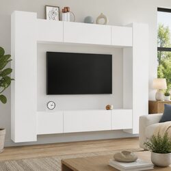 TV Cabinet Set 8 Piece Wall-Mounted Storage Unit White Engineered Wood Furniture