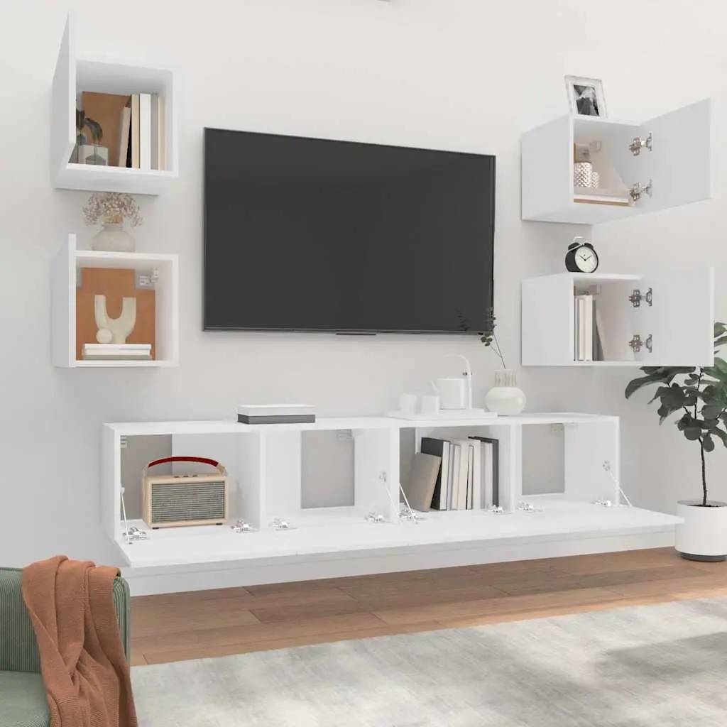 TV Cabinet Set 6 Piece Wall-Mounted Engineered Wood Storage Unit White