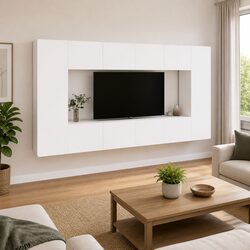 TV Cabinet Set 8 Piece White Wall-Mounted Storage Unit Engineered Wood Furniture