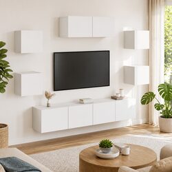 7 Piece White TV Cabinet Set Wall-Mounted Storage Unit Engineered Wood Organiser