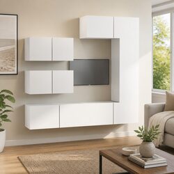 White Engineered Wood TV Cabinet Set 6 Piece Wall Mounted Storage Unit Living