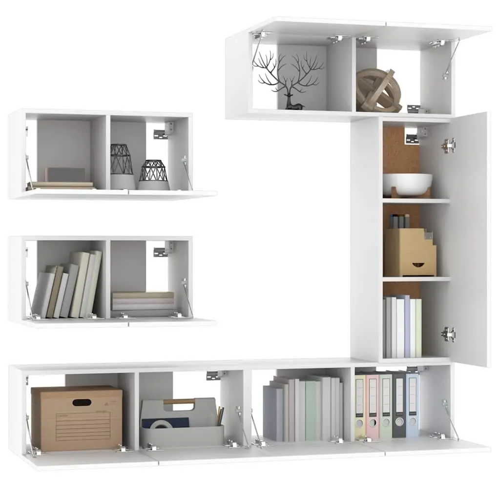 Engineered Wood TV Cabinet Set 6 Piece Wall Mounted Storage Unit White